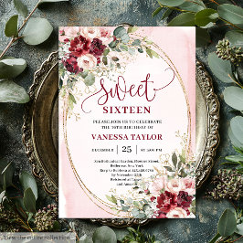 Floral Blush Burgundy Roses Sweet Sixteen Party  Kaart