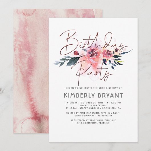 Floral Blush en Burgundy Birthday Party Kaart (Voorkant / Achterkant)