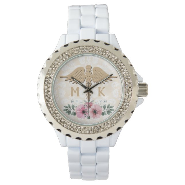 Floral Blush en Gold Doctor Monogram Horloge (Voorkant)
