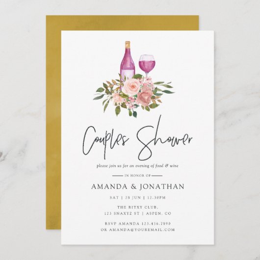 Floral Blush en Gold Wine Tasting Couples Shower Kaart (Voorkant / Achterkant)