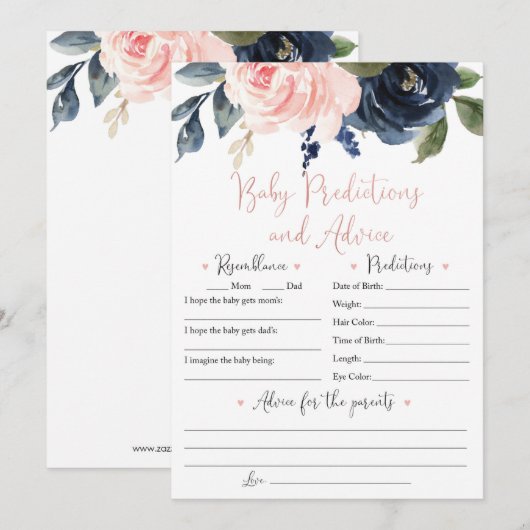 Floral Blush en Navy Baby Predictions and Advice Kaart (Voorkant / Achterkant)