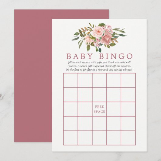 Floral Blush en Roos Gold Baby shower Baby Bingo Kaart (Voorkant / Achterkant)