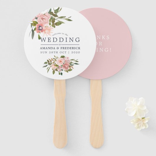 Floral Blush en Roos Gold Wedding Favor Handwaaier (Voorkant en achterkant)