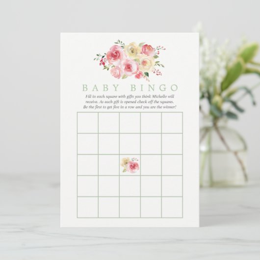 Floral Blush en Sage Baby shower Baby Bingo Kaart (Staand voorkant)