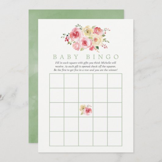 Floral Blush en Sage Baby shower Baby Bingo Kaart (Voorkant / Achterkant)