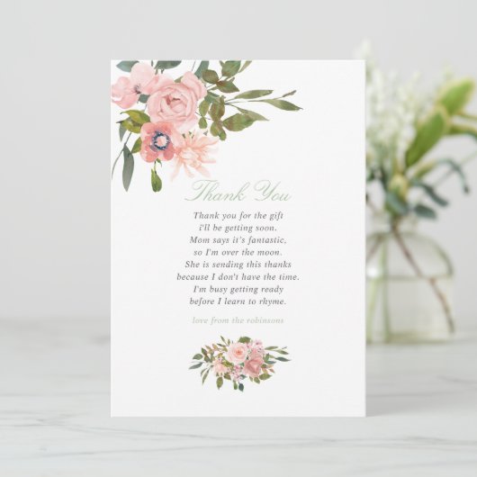 Floral Blush en Sage Baby shower Dank je Bedankkaart (Staand voorkant)