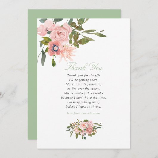 Floral Blush en Sage Baby shower Dank je Bedankkaart (Voorkant / Achterkant)