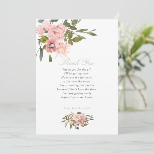 Floral Blush en Sage Baby shower Dank je Bedankkaart (Staand voorkant)