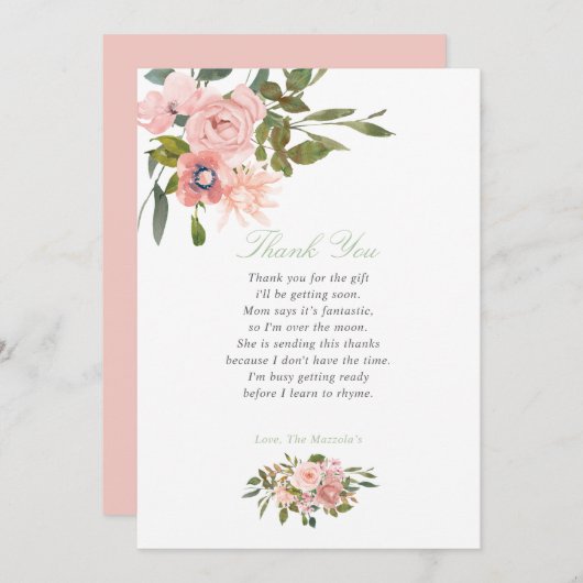 Floral Blush en Sage Baby shower Dank je Bedankkaart (Voorkant / Achterkant)