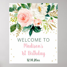 Floral Blush Gold Boho Birthday Welkom Poster
