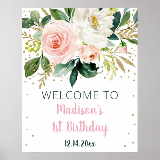 Floral Blush Gold Boho Birthday Welkom Poster (Voorkant)