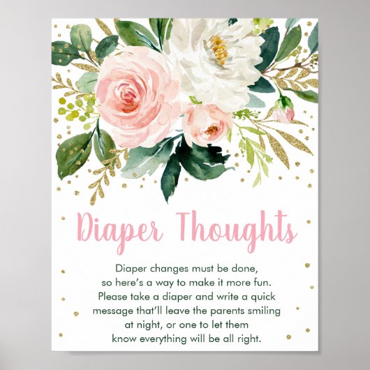 Floral Blush Gold Diaper over Baby shower Poster (Voorkant)