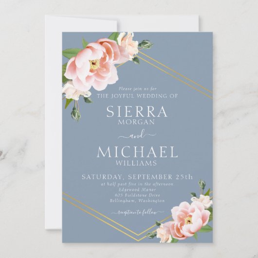 Floral Blush Gold Geometric Dusty Blue Wedding Kaart (Voorkant)