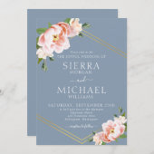 Floral Blush Gold Geometric Dusty Blue Wedding Kaart (Voorkant / Achterkant)