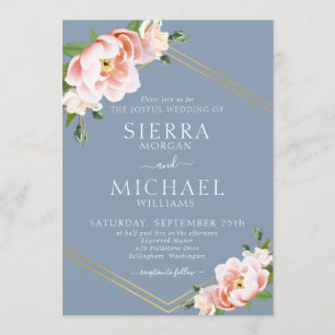Floral Blush Gold Geometric Dusty Blue Wedding Kaart