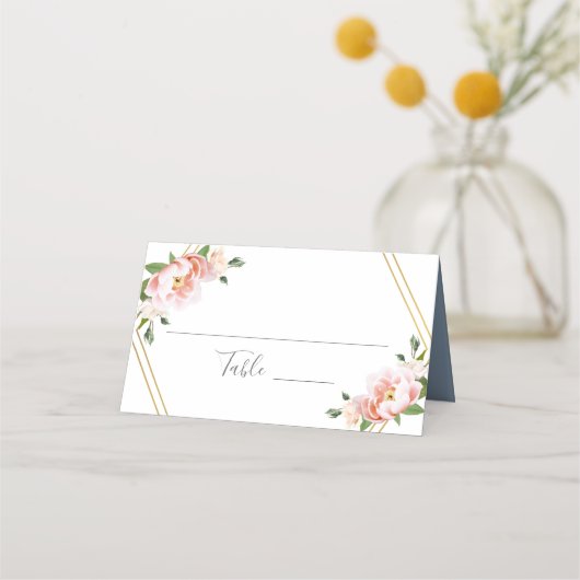 Floral Blush Gold Geometric Dusty Blue Wedding Plaatskaartje (Voorkant)