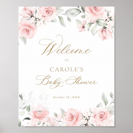 Floral Blush Gold Greenery Baby shower Welkom Poster (Voorkant)