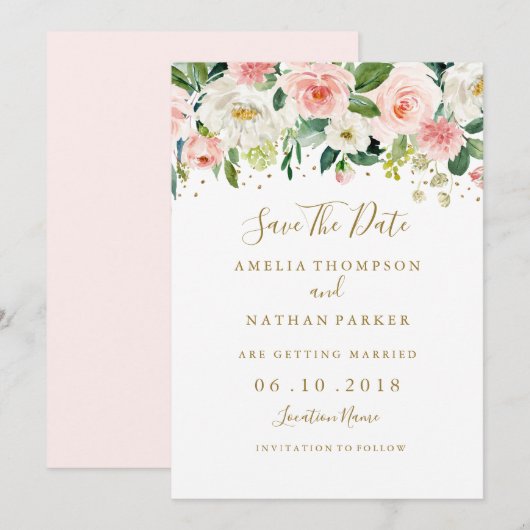 Floral Blush Gold Wedding Save the Date Kaart (Voorkant / Achterkant)