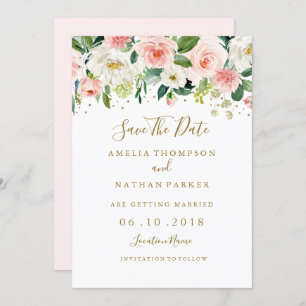 Floral Blush Gold Wedding Save the Date Kaart