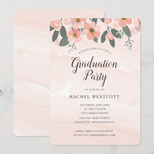 Floral Blush Graduation Party Waterverf Roze Kaart (Voorkant / Achterkant)