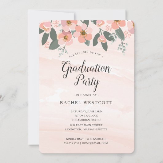 Floral Blush Graduation Party Waterverf Roze Kaart (Voorkant)