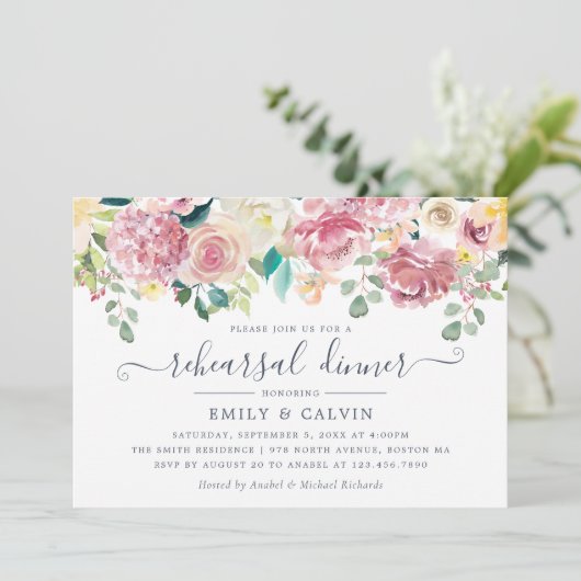 Floral Blush Greenery Eucalyptus Rehearsal Dinner Kaart (Staand voorkant)