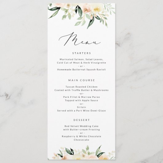 Floral Blush Greenery Peach Modern Minimum Menu (Voorkant)