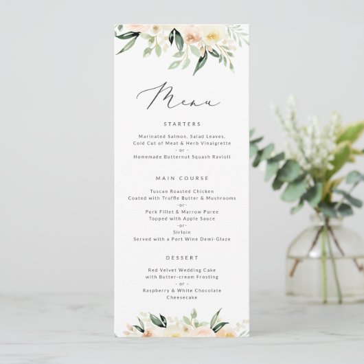 Floral Blush Greenery Peach Modern Minimum Menu (Staand voorkant)
