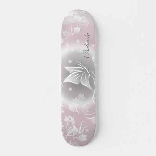 Floral Blush Grey Butterfly Personaliseren Persoonlijk Skateboard (Voorkant)