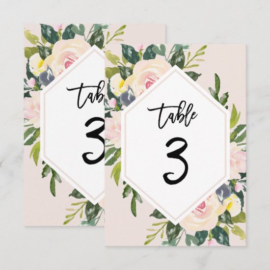 Floral Blush Handgeschreven Tabel 3 Nummerkaart Kaart (Voorkant / Achterkant)