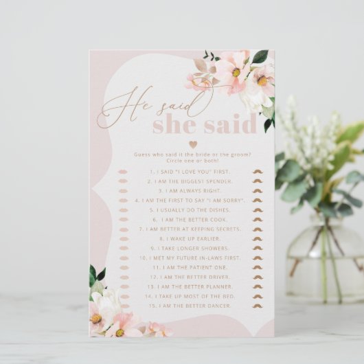 Floral blush Hij zei dat ze vrijgezellenfeest spel (Staand voorkant)