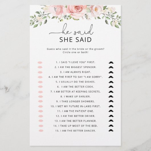 Floral blush Hij zei dat ze vrijgezellenfeest spel (Voorkant)