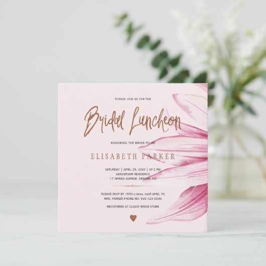 Floral blush koper glitter script bridal luncheon kaart (Staand voorkant)