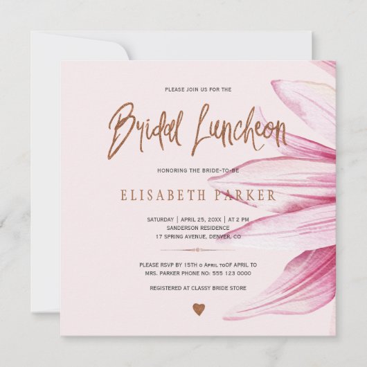 Floral blush koper glitter script bridal luncheon kaart (Voorkant)