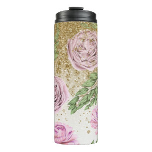 *~* Floral Blush Lavender PEONY Gold Glitter Thermosbeker