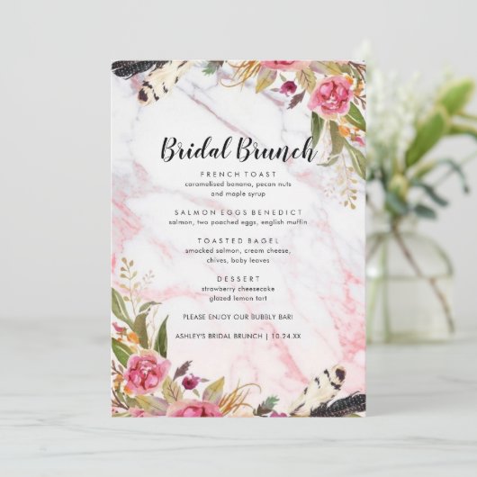 Floral Blush Marble Elegant Bridal Brunch Menu (Staand voorkant)