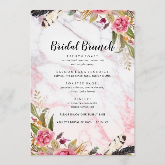 Floral Blush Marble Elegant Bridal Brunch Menu (Voorkant)