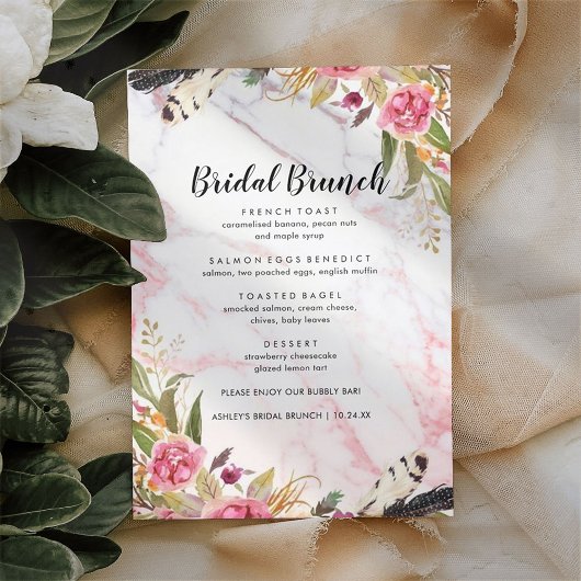 Floral Blush Marble Elegant Bridal Brunch Menu