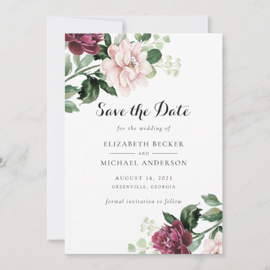Floral Blush Merlot Greenery Elegant Save the Date Kaart (Voorkant)