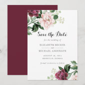 Floral Blush Merlot Greenery Elegant Save the Date Kaart (Voorkant / Achterkant)