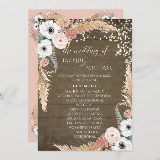 Floral Blush n White Pampas Grass Twinkle Lights Kaart (Voorkant / Achterkant)