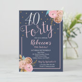Floral Blush Navy 40th Birthday Invitation 40th Kaart (Staand voorkant)