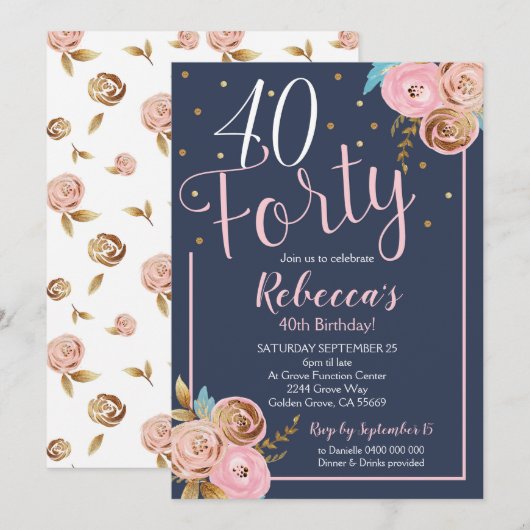 Floral Blush Navy 40th Birthday Invitation 40th Kaart (Voorkant / Achterkant)