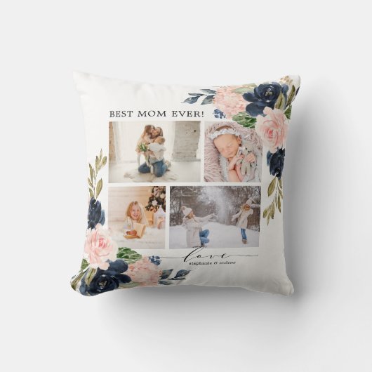 Floral Blush Navy Best Mam Photo Collage Kussen (Voorkant)