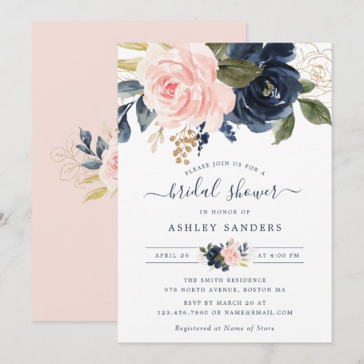 Floral Blush Navy Elegant Bridal Shower Invitation Kaart (Voorkant / Achterkant)
