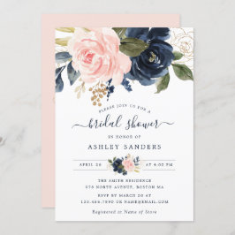 Floral Blush Navy Elegant Bridal Shower Invitation Kaart