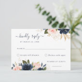 Floral Blush & Navy Elegante RSVP-kaart Kaart (Staand voorkant)