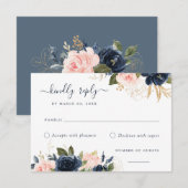 Floral Blush & Navy Elegante RSVP-kaart Kaart (Voorkant / Achterkant)