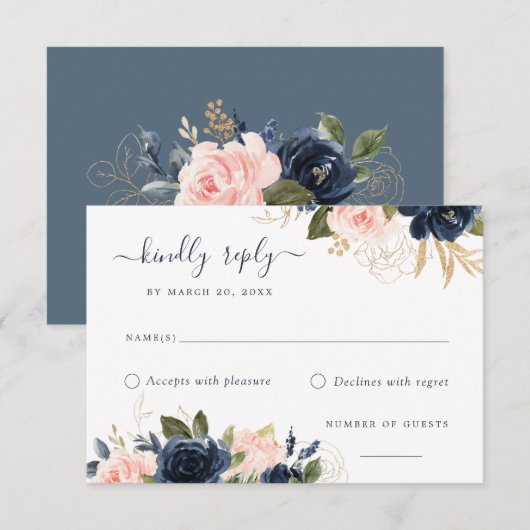 Floral Blush & Navy Elegante RSVP-kaart Kaart (Voorkant / Achterkant)