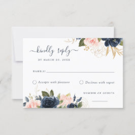 Floral Blush & Navy Elegante RSVP-kaart Kaart